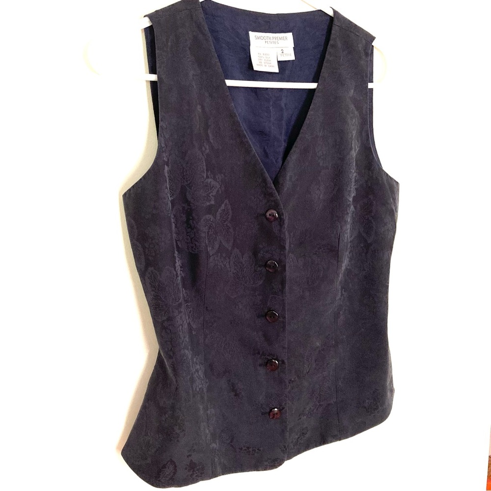Petite 2 Silk Vest Navy Blue Leaf Pattern